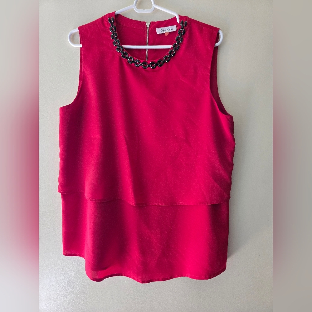 Calvin Klein Red Sleeveless Layered Beaded-Neck Camisole Size L - Picture 2 of 6